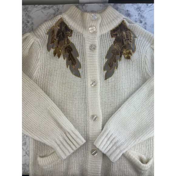 VTG Vintage Monte por le Chois Cream Leaf Applique Long Sweater Duster Size M - Picture 3 of 16